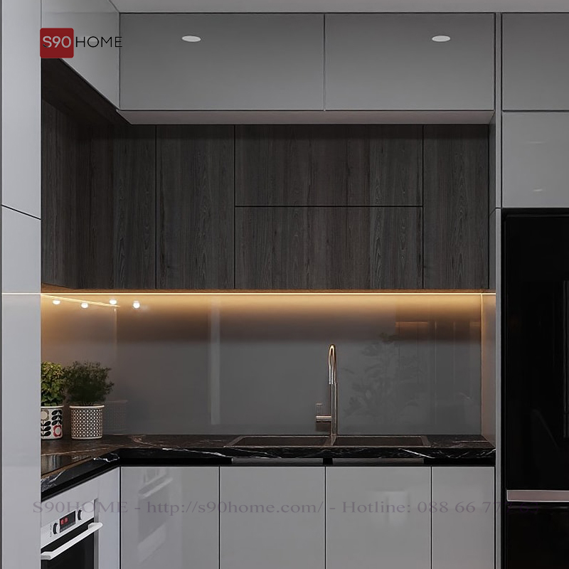 Tủ bếp Acrylic chữ L ông thuỷ ở chèm S90-TBA019 11 Tủ bếp Acrylic chữ L