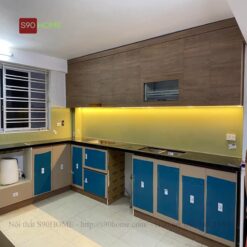 Tủ bếp laminate chữ L màu vân gỗ S90-LA010
