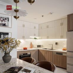 Tủ bếp laminate chữ L màu vân gỗ S90-LA011