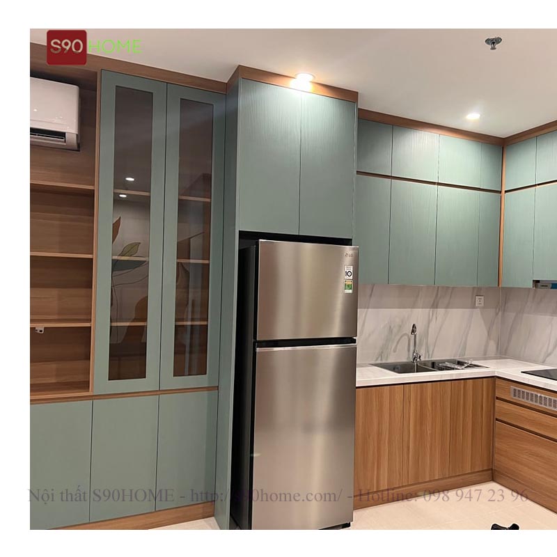 Tủ bếp laminate chữ L màu vân gỗ S90-LA014