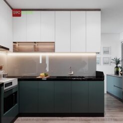 Tủ bếp laminate chữ L màu đơn sắc S90-LA007