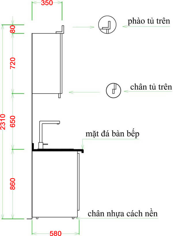 kích thước tiêu chuẩn tủ bếp công nghiệp