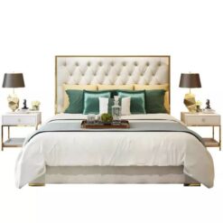 Giường ngủ hiện đại viền vàng đệm da S90-GN012