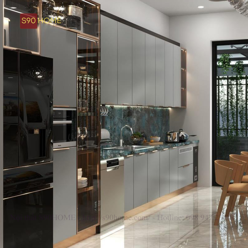 tủ bếp inox cánh kính màu ghi
