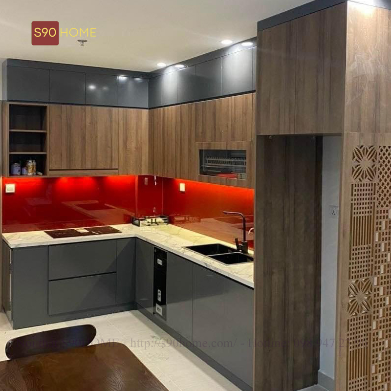 Tủ bếp nhựa Acrylic phối màu vân gỗ